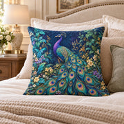 Blue Peacock quilted throw pillow, AI-generated bedroom mockup