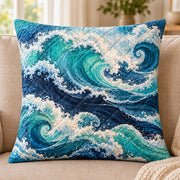 Ocean Waves quilted throw pillow, AI-generated sofa mockup