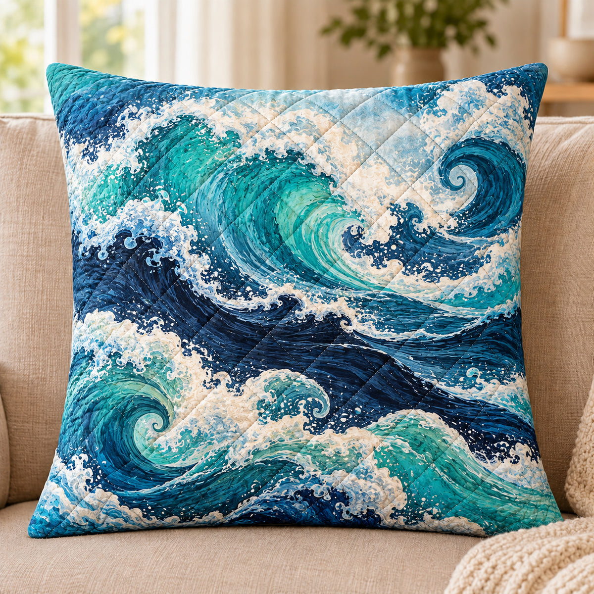 Ocean Waves quilted throw pillow, AI-generated sofa mockup