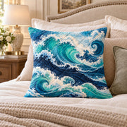 Ocean Waves quilted throw pillow, AI-generated bedroom mockup
