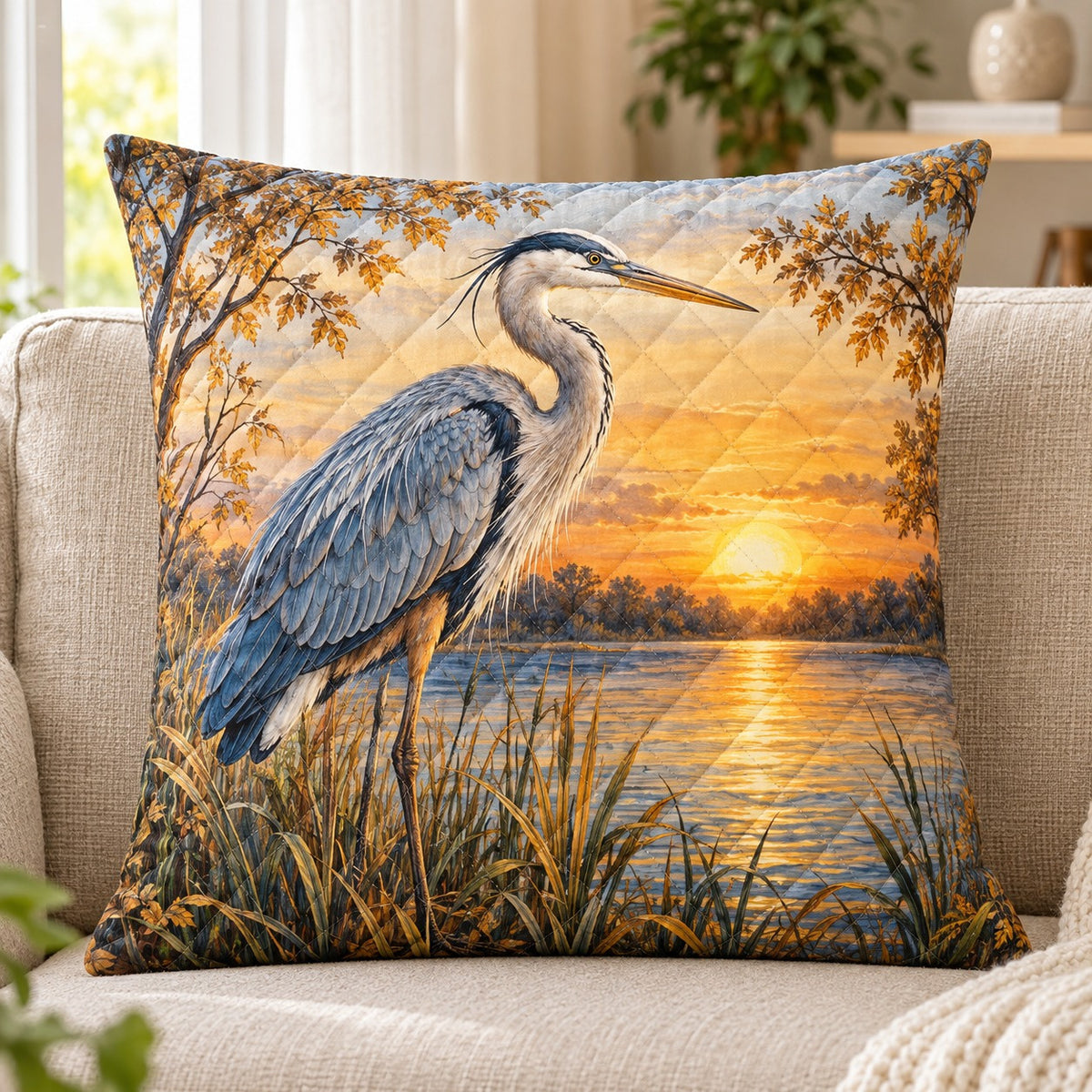 Blue Heron Sunset Quilted Throw Pillow, Wetland Bird Home Decor, Gift for Bird Lovers