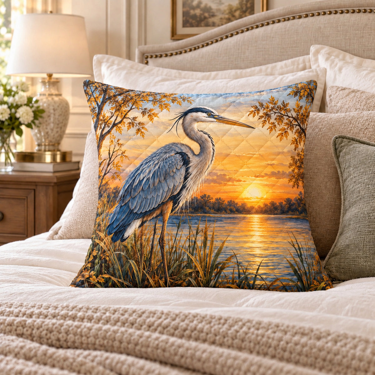 Blue Heron Sunset quilted throw pillow, AI-generated bedroom mockup