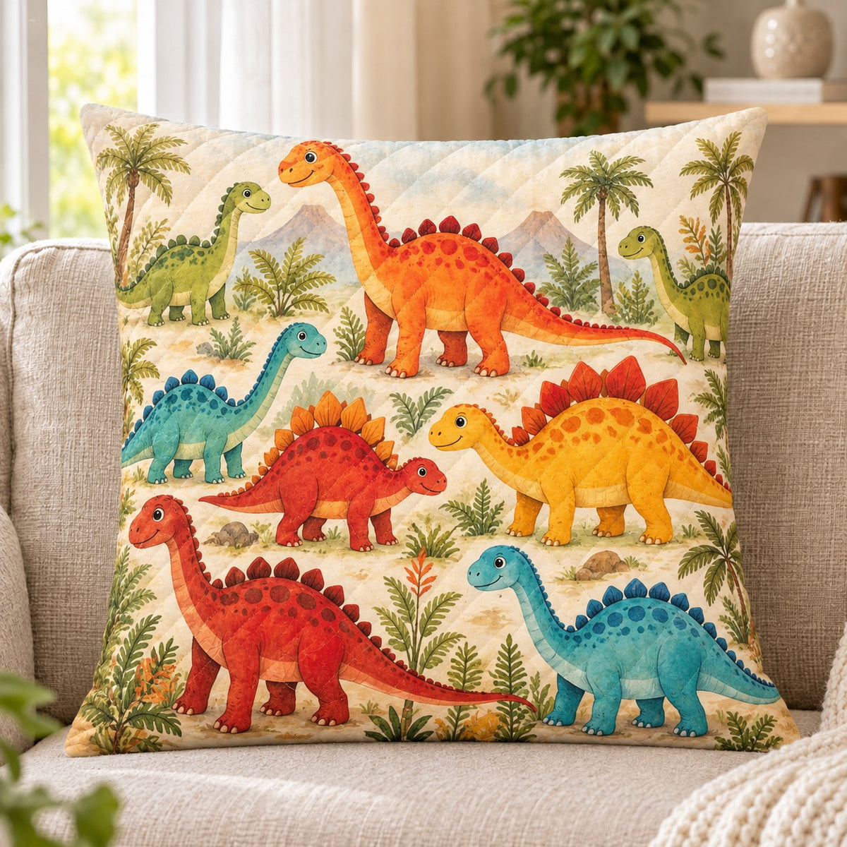 Colorful Dinosaur Quilted Throw Pillow, Playful Kids Room Decor, Gift for Dino Lovers