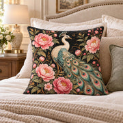 White Peacock Floral quilted throw pillow, AI-generated bedroom mockup