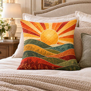 Retro Sunset quilted throw pillow, AI-generated bedroom mockup
