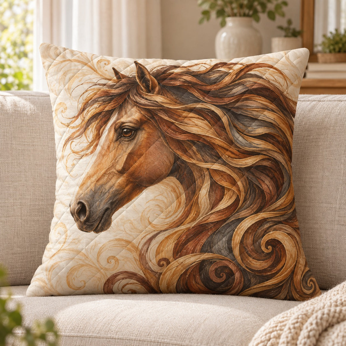 Flowing Mane Horse Quilted Throw Pillow, Equestrian Home Decor, Gift for Horse Lovers