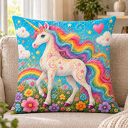 Rainbow Unicorn quilted throw pillow, AI-generated sofa mockup