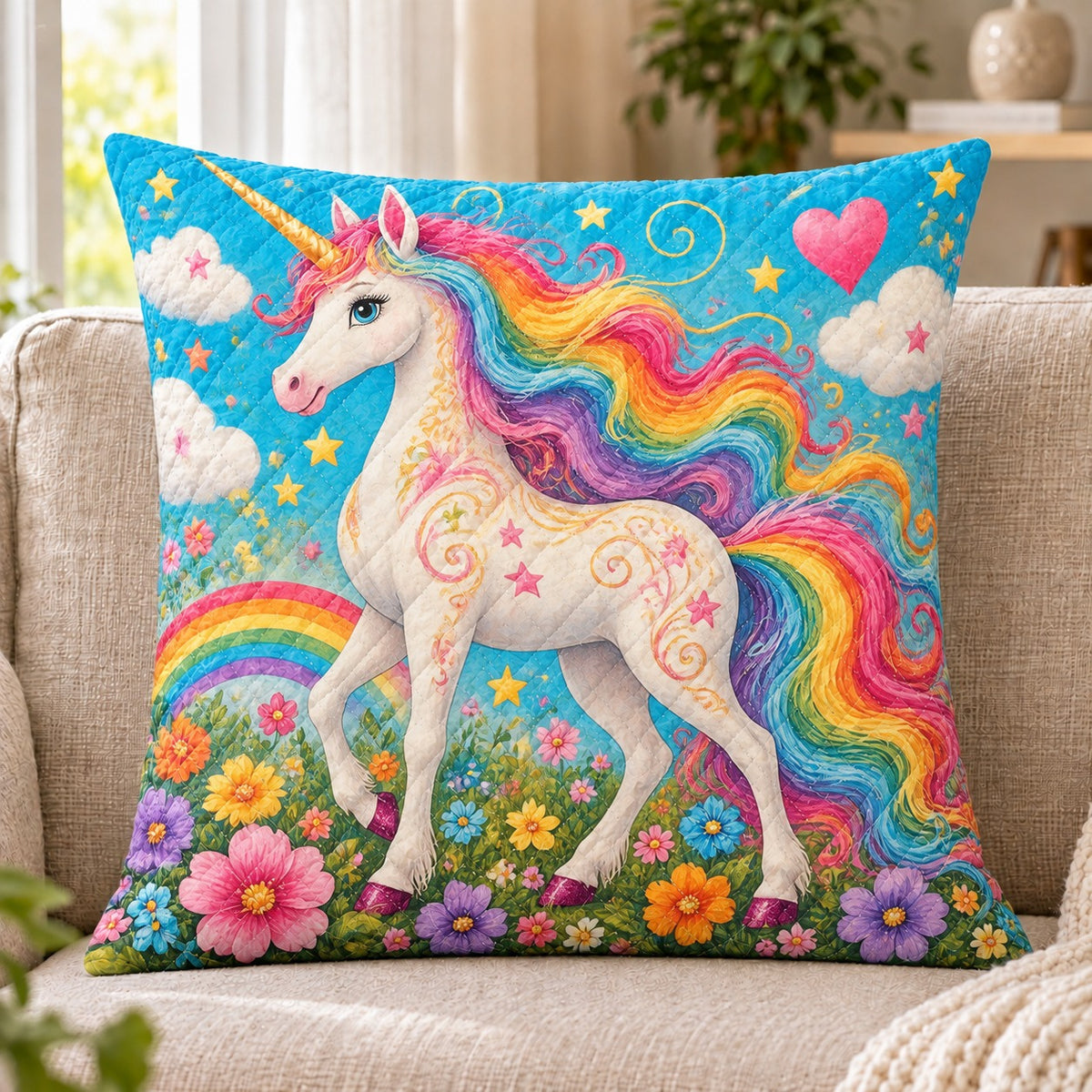 Rainbow Unicorn quilted throw pillow, AI-generated sofa mockup