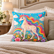 Rainbow Unicorn quilted throw pillow, AI-generated bedroom mockup
