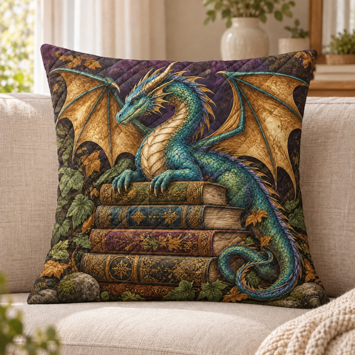 Dragon on Books Quilted Throw Pillow, Dark Fantasy Library Decor, Gift for Book Lovers