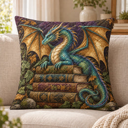 Dragon on Books Quilted Throw Pillow, Dark Fantasy Library Decor, Gift for Book Lovers