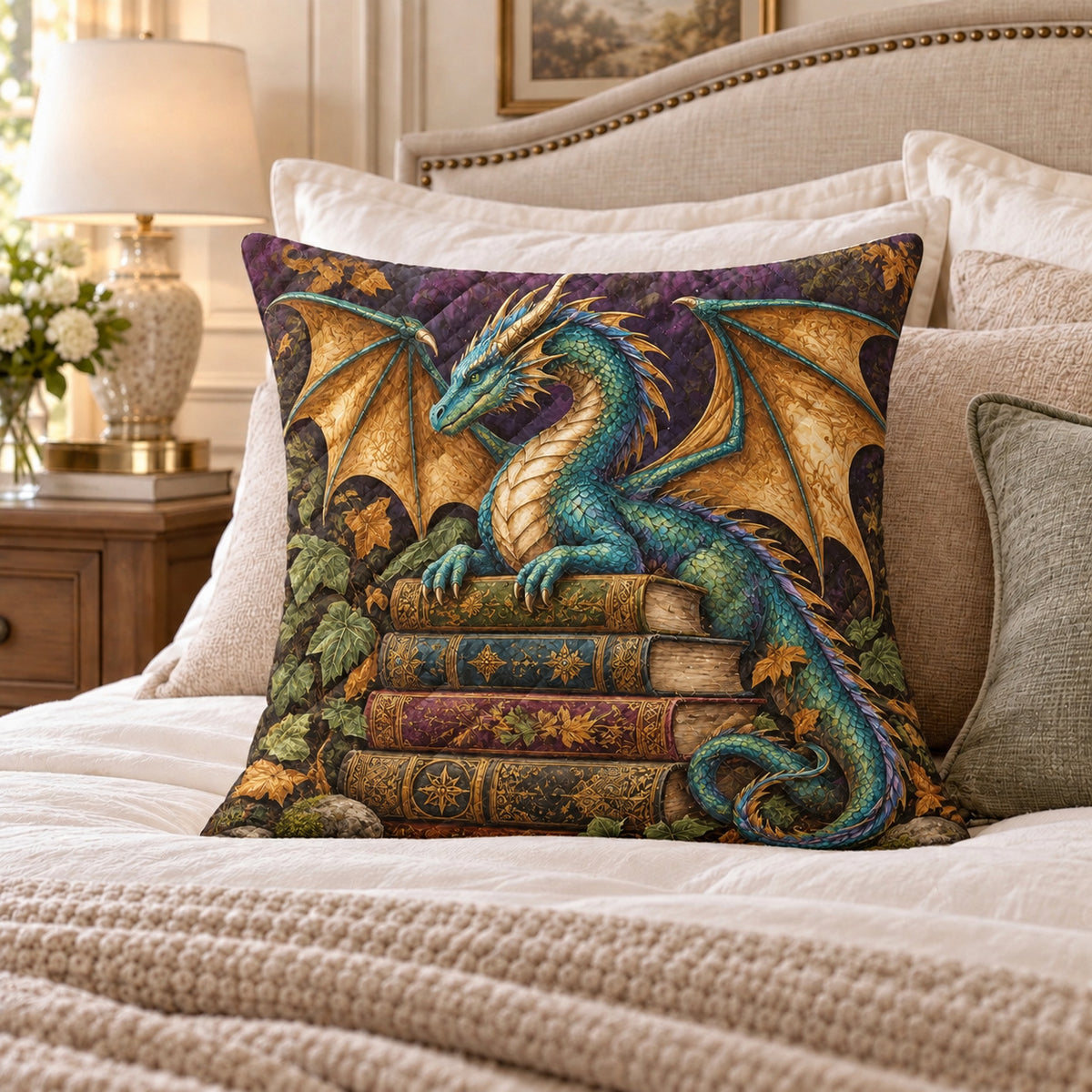 Dragon on Books Dark quilted throw pillow, AI-generated bedroom mockup