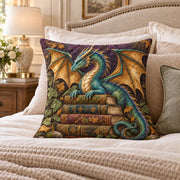 Dragon on Books Dark quilted throw pillow, AI-generated bedroom mockup