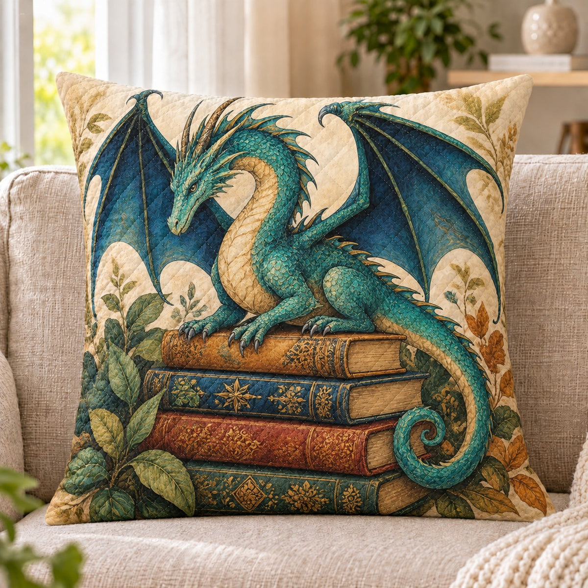 Green Dragon Books Quilted Throw Pillow, Fantasy Reading Nook Decor, Gift for Readers