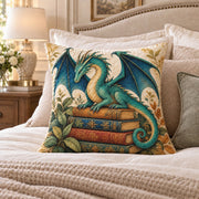 Green Dragon Books quilted throw pillow, AI-generated bedroom mockup