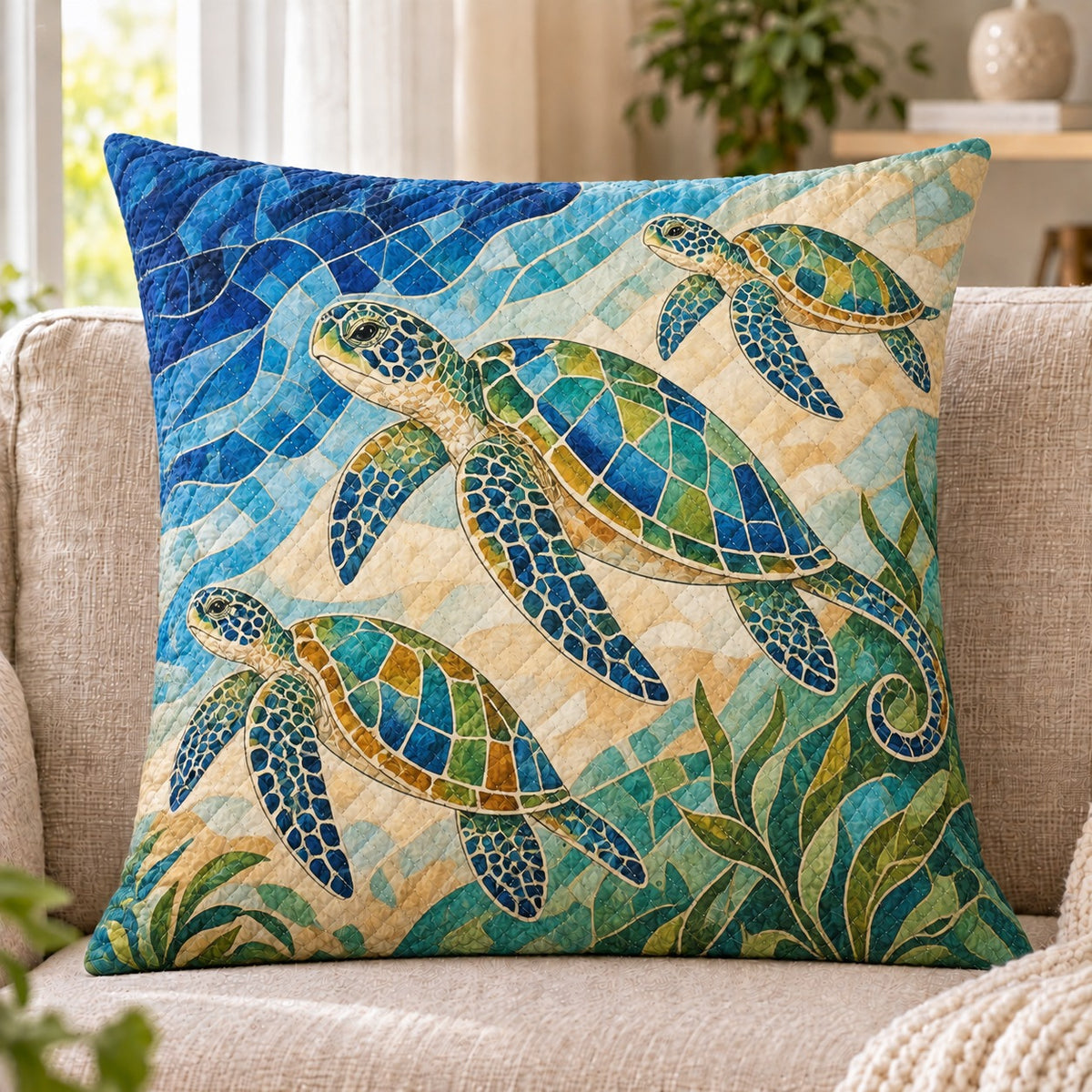 Mosaic Sea Turtle Quilted Throw Pillow, Coastal Ocean Home Decor, Gift for Turtle Lovers