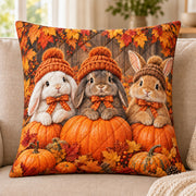 Autumn Bunny quilted throw pillow, AI-generated sofa mockup