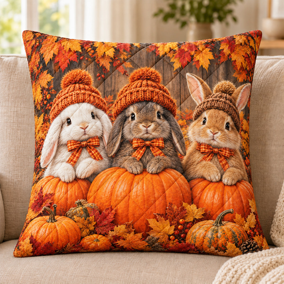 Autumn Bunny quilted throw pillow, AI-generated sofa mockup