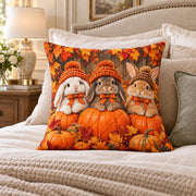 Autumn Bunny quilted throw pillow, AI-generated bedroom mockup