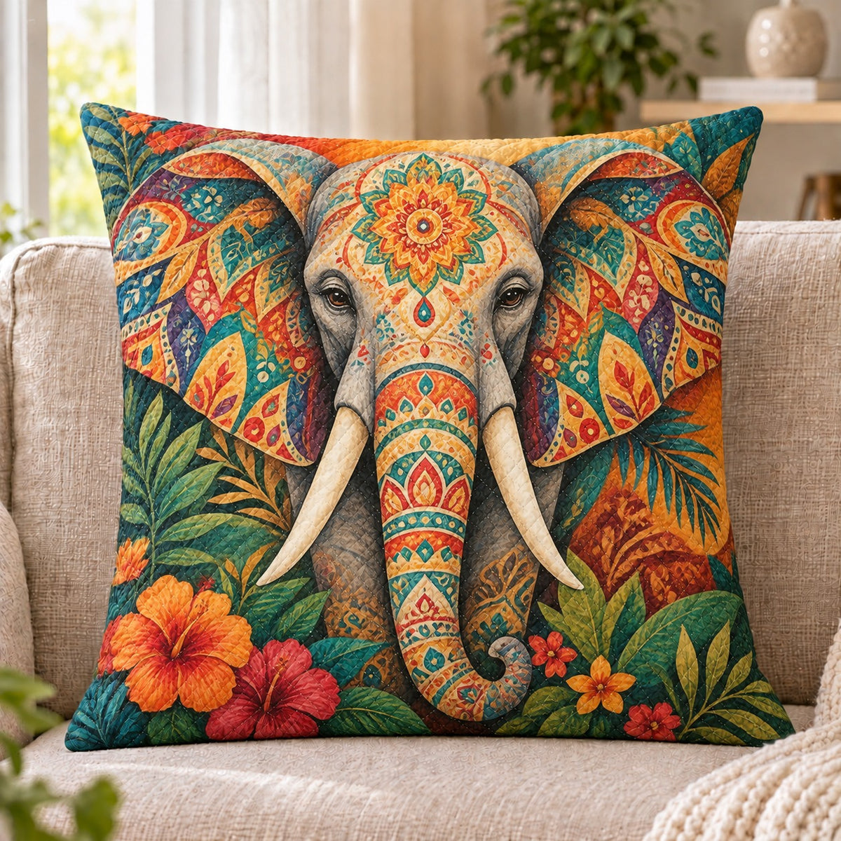 Mandala Elephant Quilted Throw Pillow, Colorful Boho Home Decor, Gift for Elephant Lovers