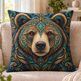 Ornate Bear Quilted Throw Pillow, Boho Woodland Home Decor, Gift for Bear Lovers