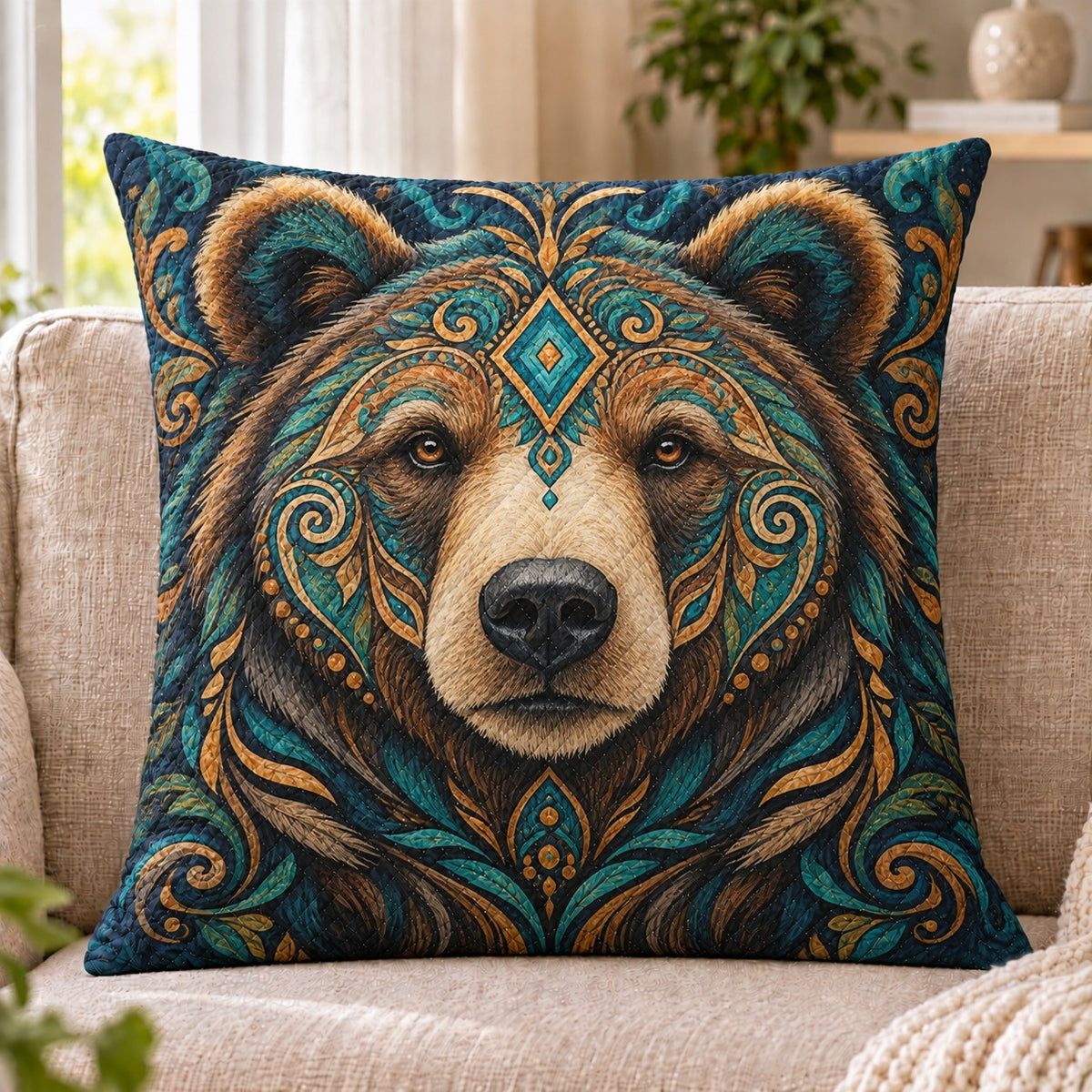 Ornate Bear quilted throw pillow, AI-generated sofa mockup