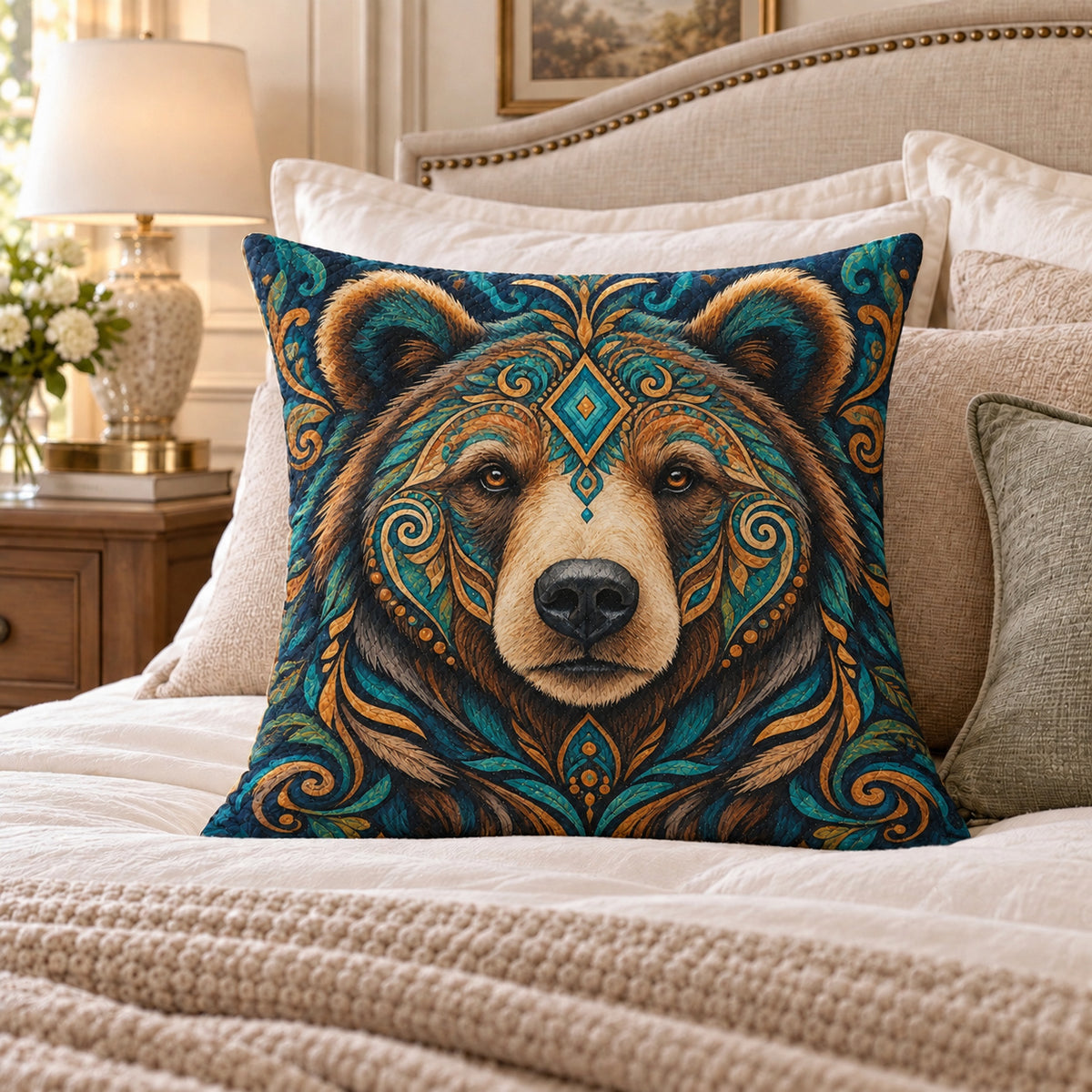 Ornate Bear quilted throw pillow, AI-generated bedroom mockup