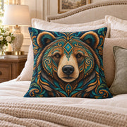 Ornate Bear quilted throw pillow, AI-generated bedroom mockup