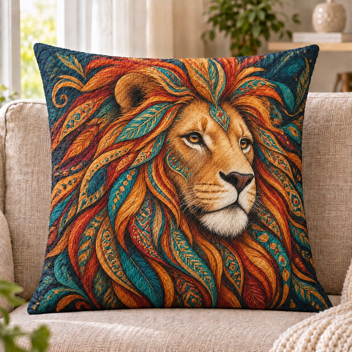 Colorful Lion Quilted Throw Pillow, Boho Wildlife Home Decor, Gift for Lion Lovers