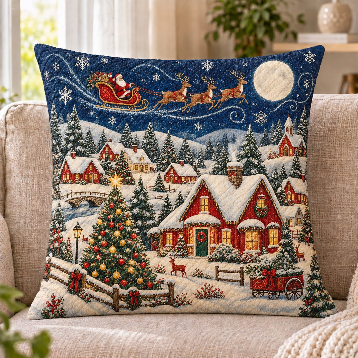 Christmas Village Quilted Throw Pillow, Festive Winter Home Decor, Gift for Santa Fans