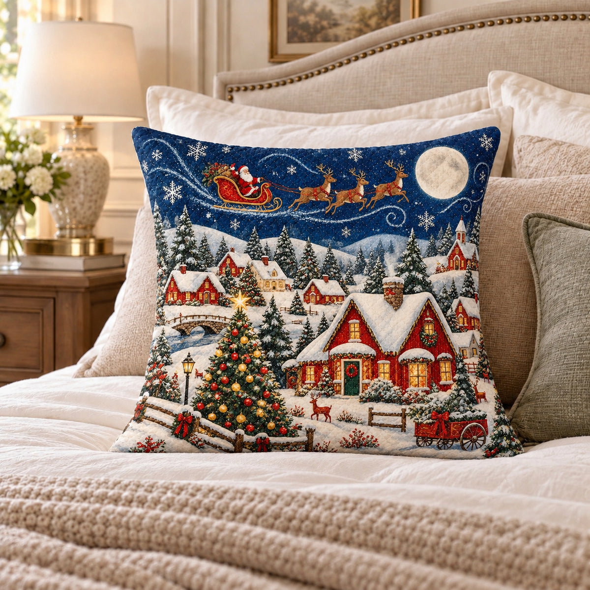 Christmas Village quilted throw pillow, AI-generated bedroom mockup