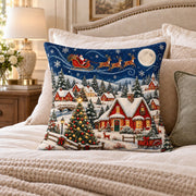 Christmas Village quilted throw pillow, AI-generated bedroom mockup