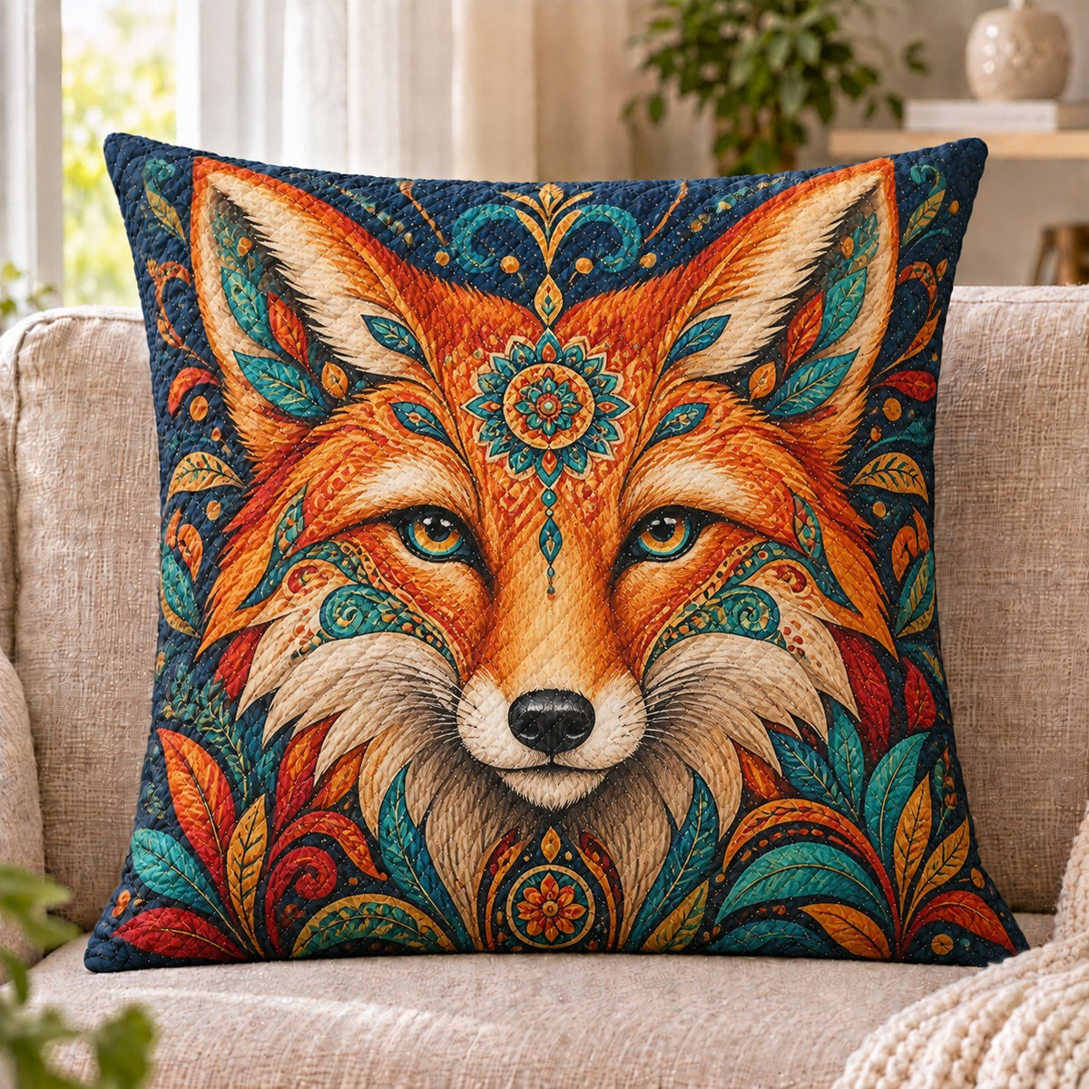 Ornate Fox Quilted Throw Pillow, Colorful Woodland Home Decor, Gift for Fox Lovers