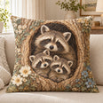 Raccoon Family Quilted Throw Pillow, Woodland Home Decor, Gift for Raccoon Lovers