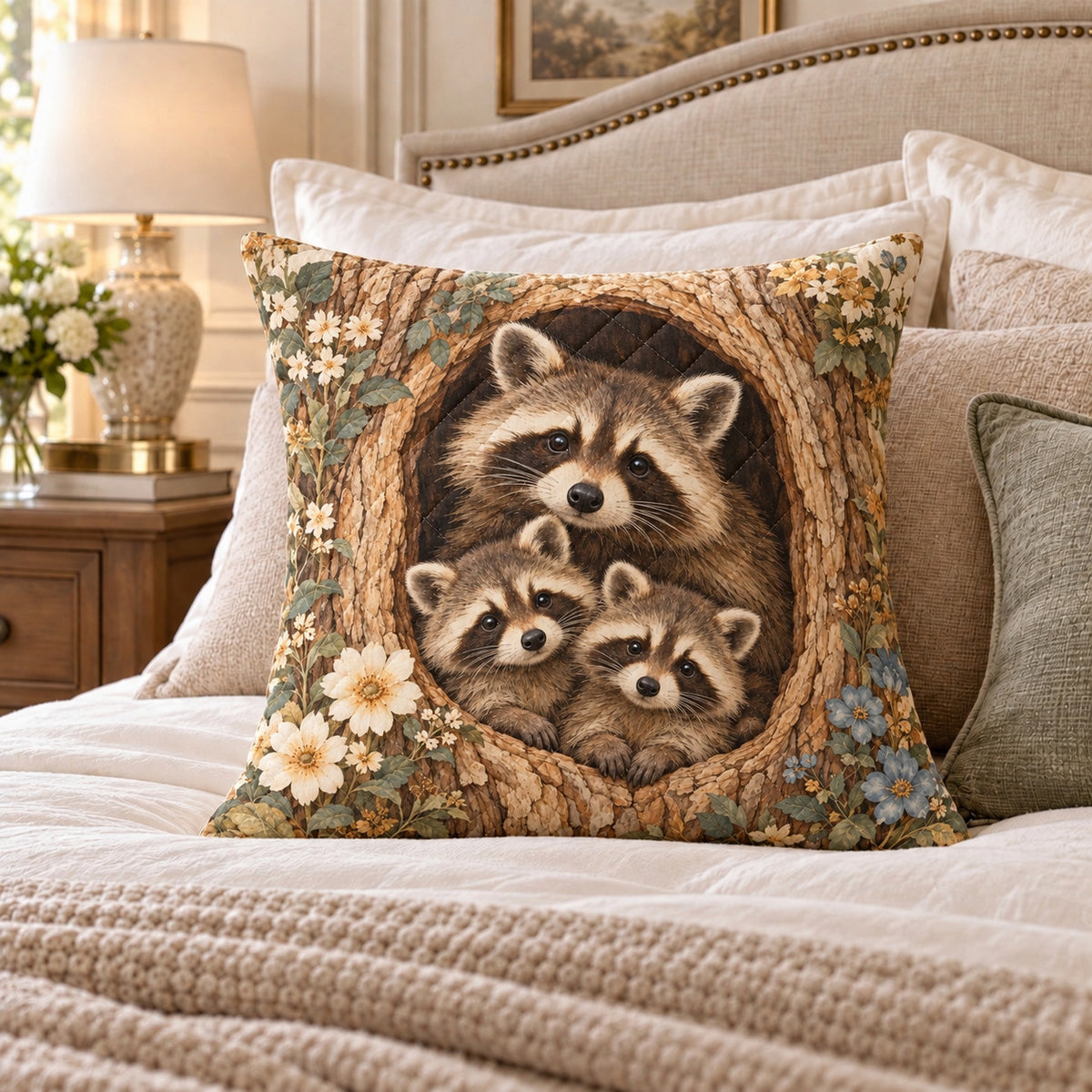 Raccoon Family quilted throw pillow, AI-generated bedroom mockup