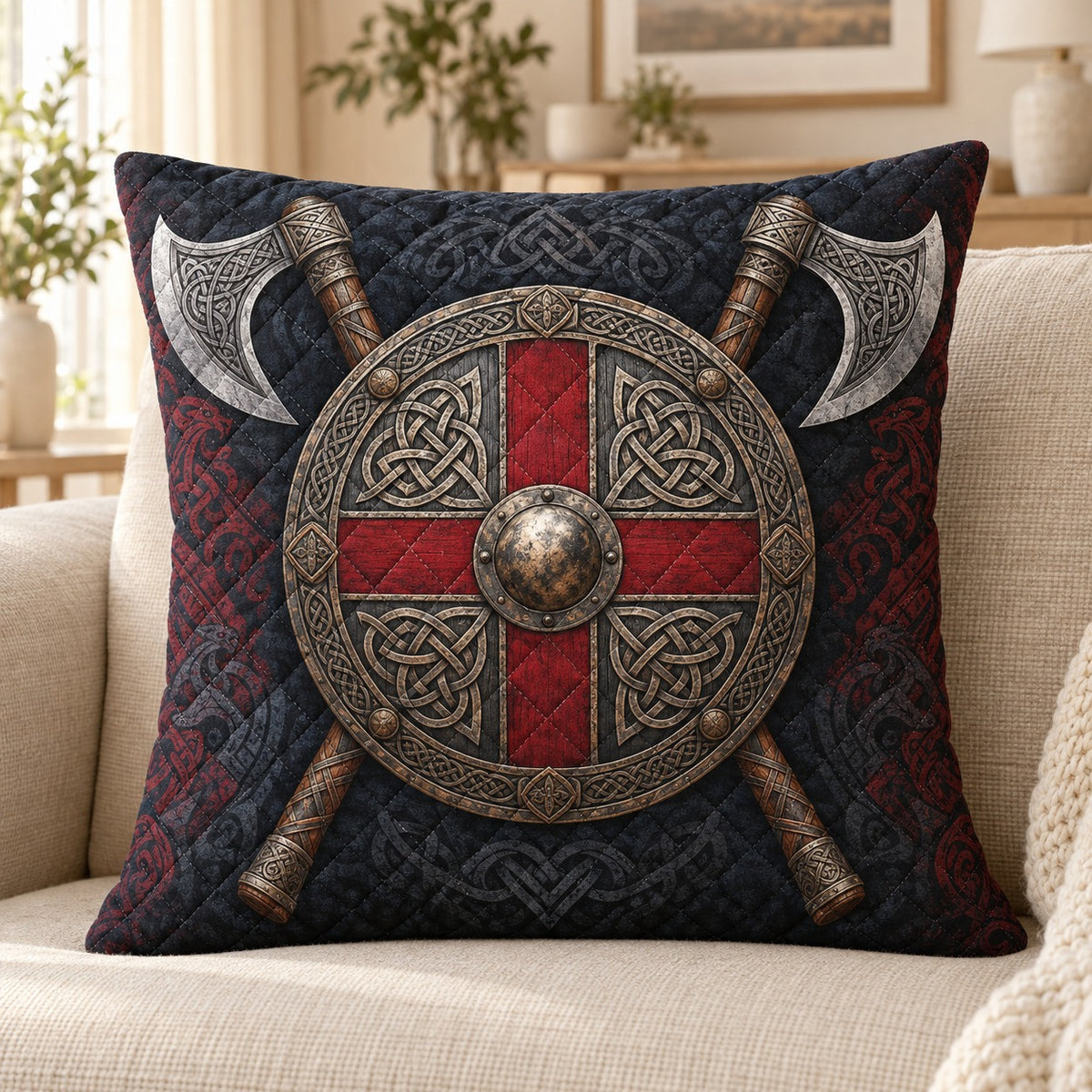 Viking Shield Axes Quilted Throw Pillow, Nordic Warrior Decor, Gift for Viking Fans
