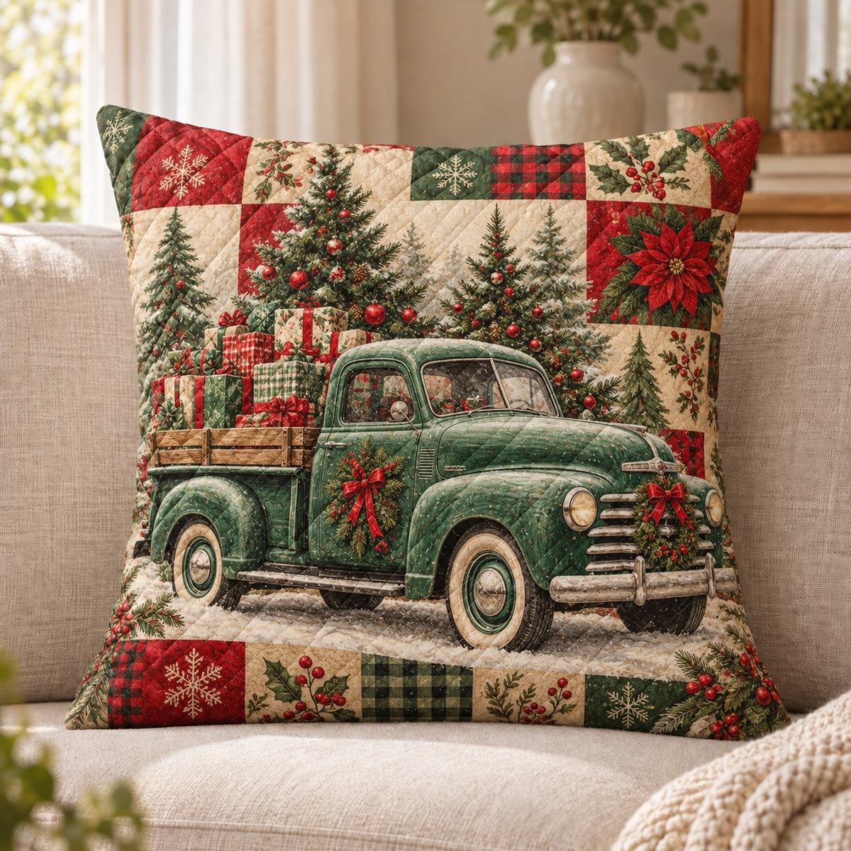 Vintage Christmas Truck Quilted Throw Pillow, Holiday Farmhouse Decor, Gift for Truck Lovers