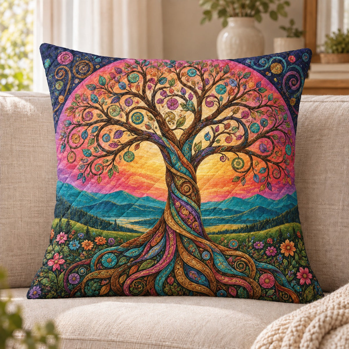 Colorful Tree of Life Quilted Throw Pillow, Boho Nature Decor, Gift for Tree Lovers