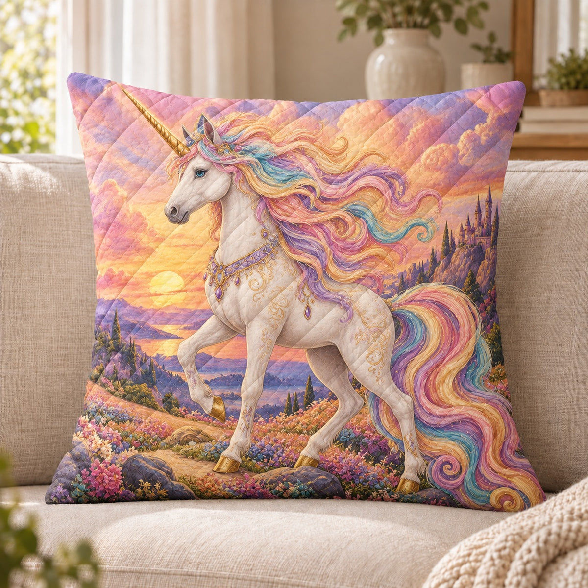 Pastel Unicorn Quilted Throw Pillow, Magical Castle Home Decor, Gift for Unicorn Lovers