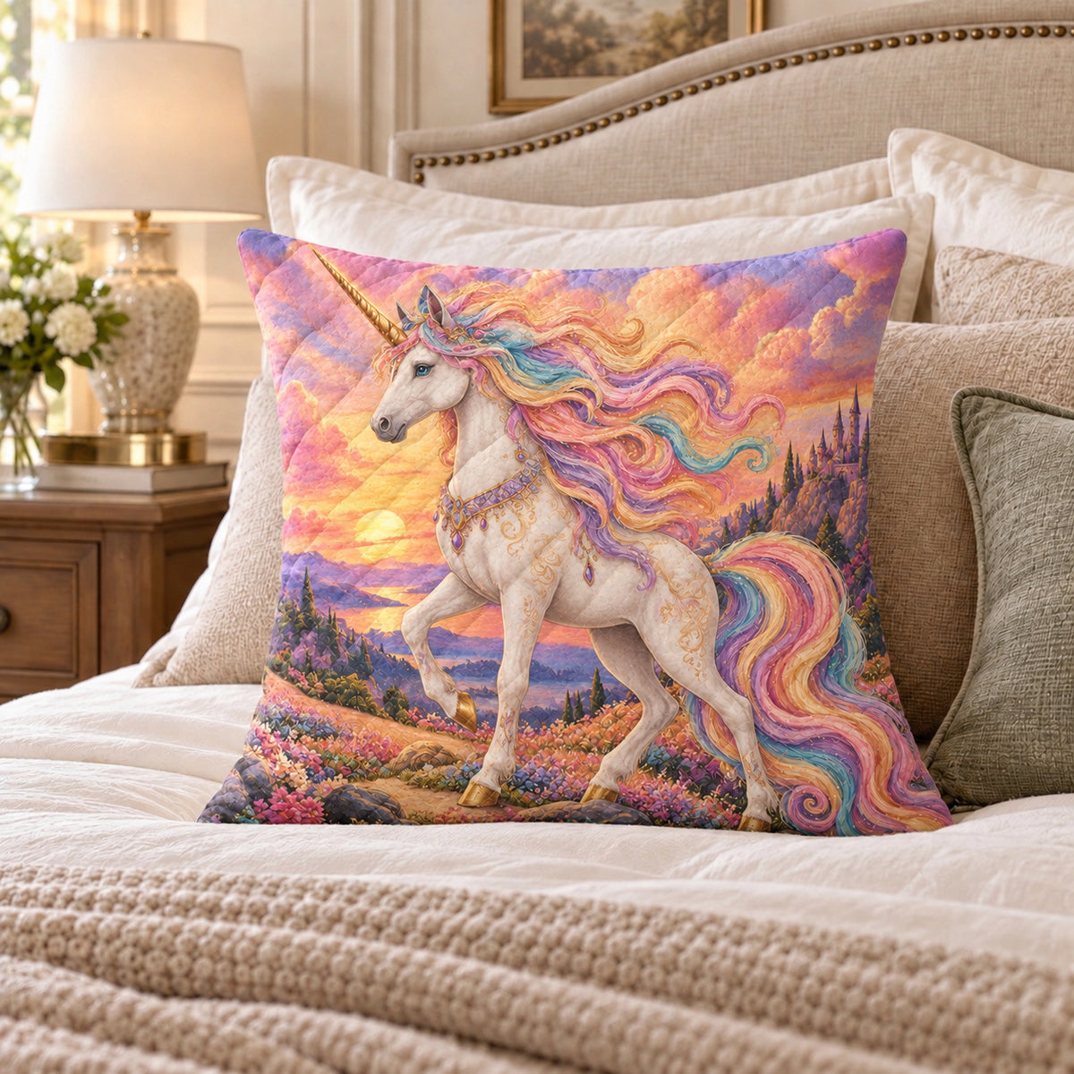 Pastel Unicorn quilted throw pillow, AI-generated bedroom mockup