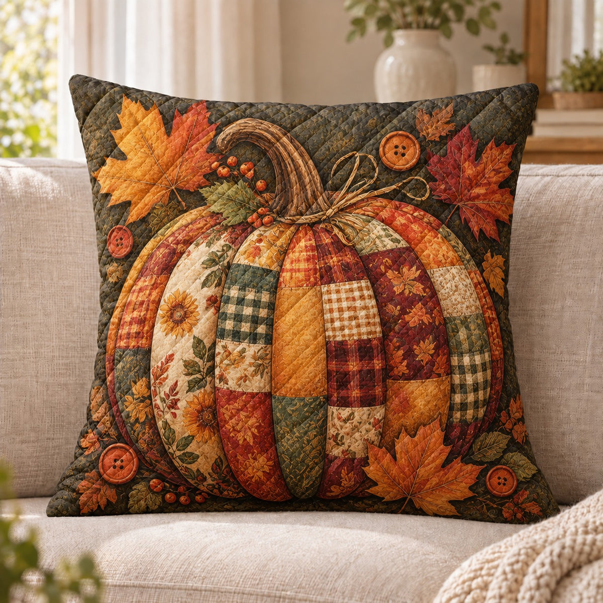 Patchwork Pumpkin quilted throw pillow, AI-generated sofa mockup