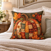 Patchwork Pumpkin quilted throw pillow, AI-generated bedroom mockup