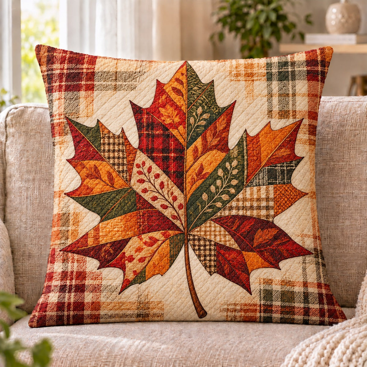 Patchwork Maple Leaf Quilted Throw Pillow, Rustic Fall Home Decor, Gift for Autumn Lovers