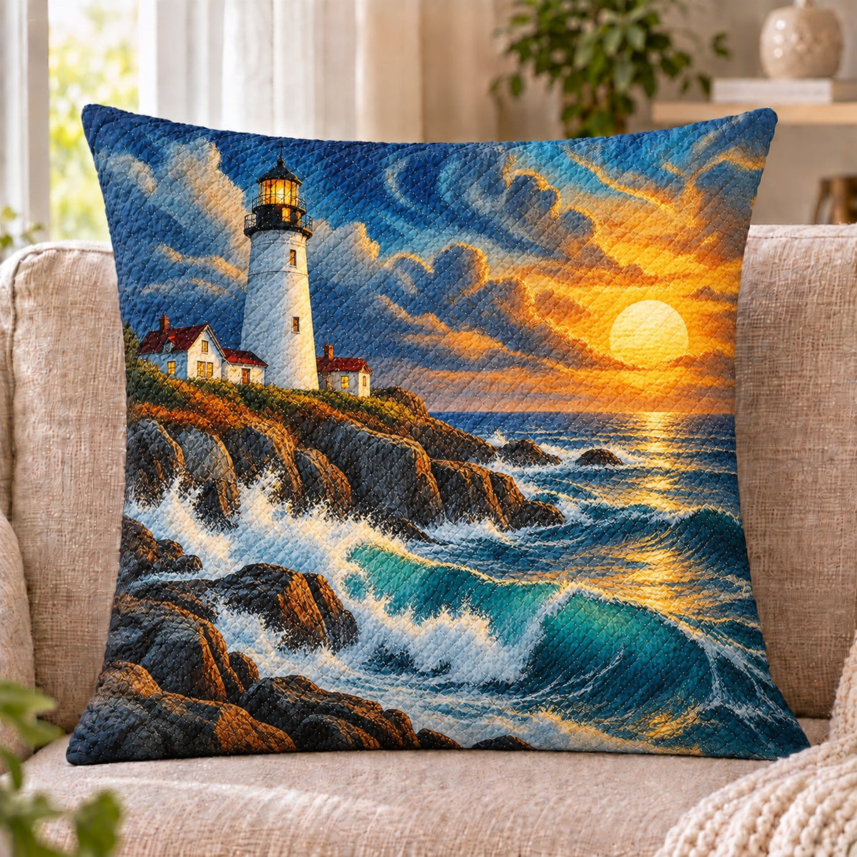 Lighthouse Sunset Quilted Throw Pillow, Nautical Coastal Decor, Gift for Ocean Lovers