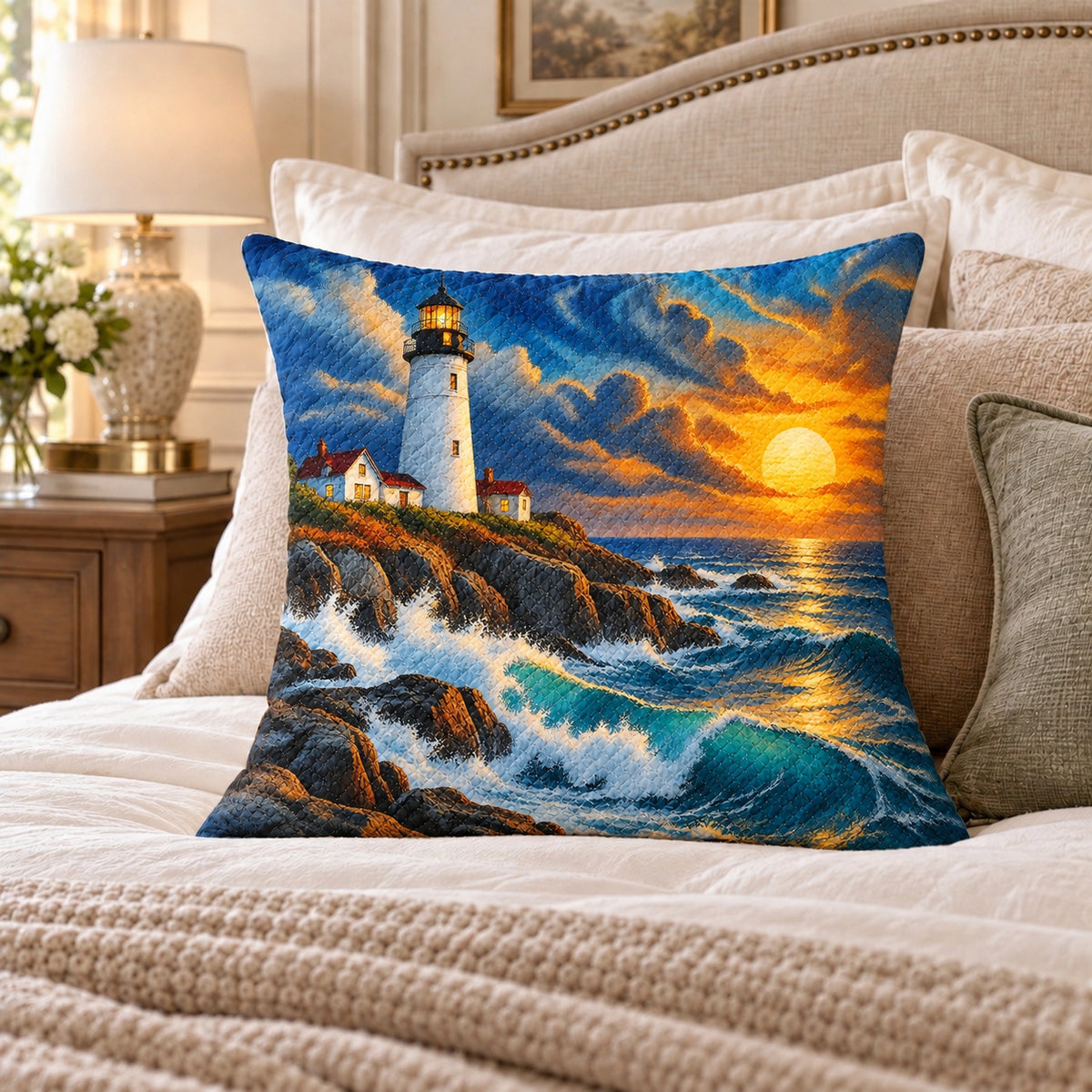 Lighthouse Sunset quilted throw pillow, AI-generated bedroom mockup