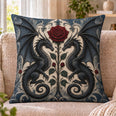 Black Dragons Red Rose Quilted Throw Pillow, Gothic Fantasy Decor, Gift for Dragon Lovers