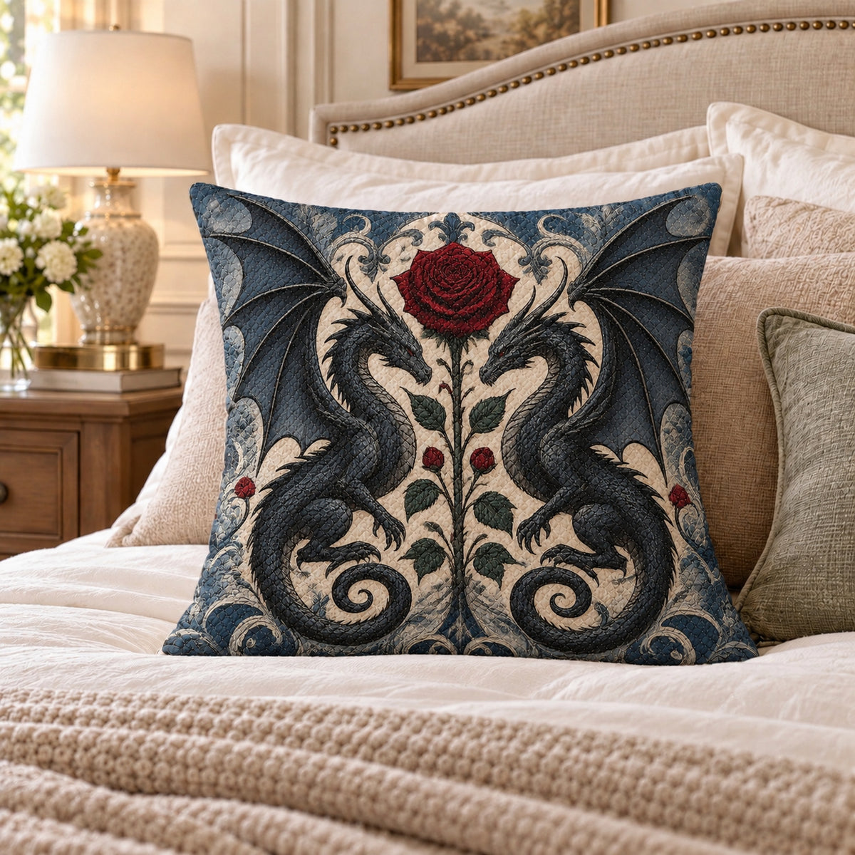 Black Dragons Red Rose quilted throw pillow, AI-generated bedroom mockup