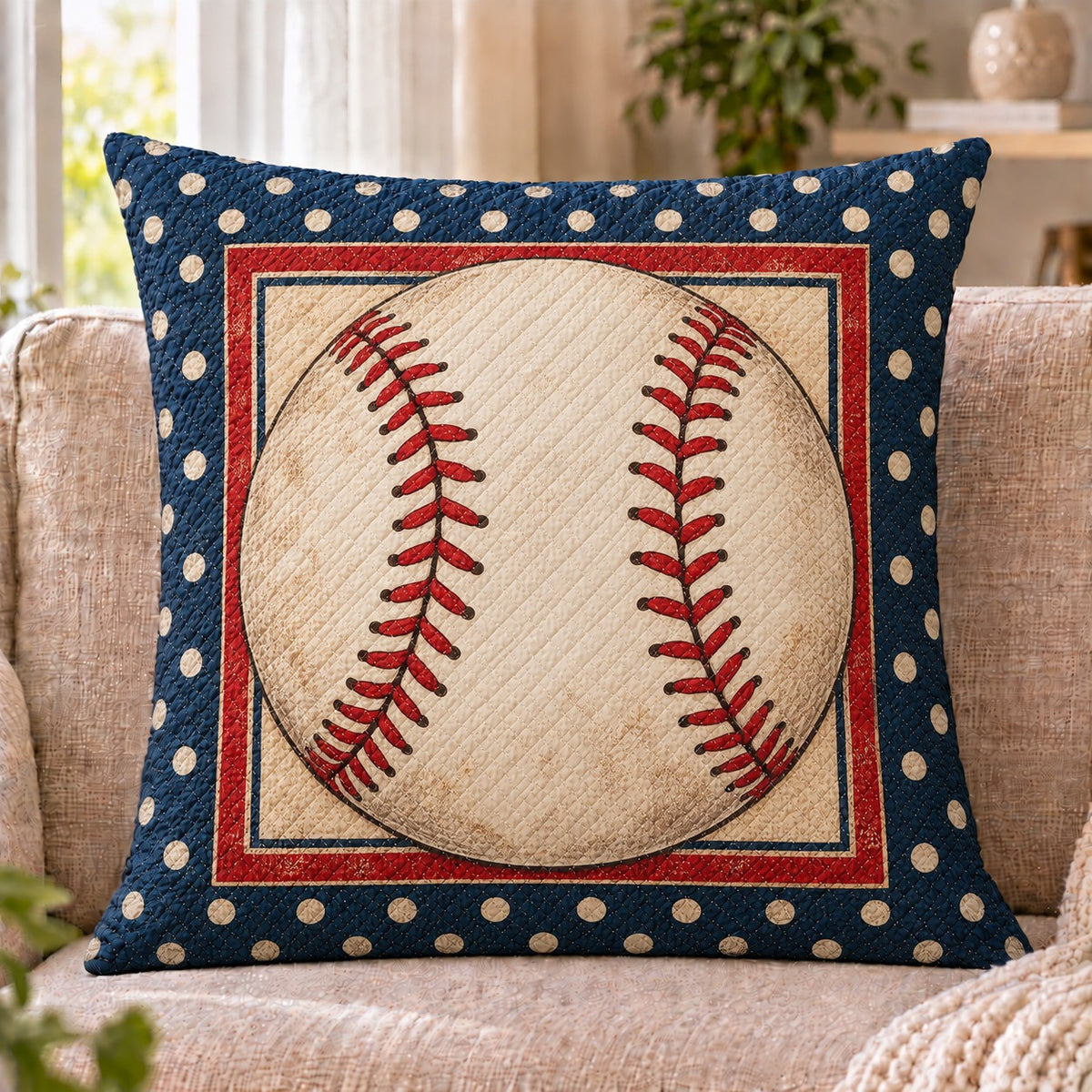 Vintage Baseball Quilted Throw Pillow, Sports Home Decor, Gift for Baseball Fans