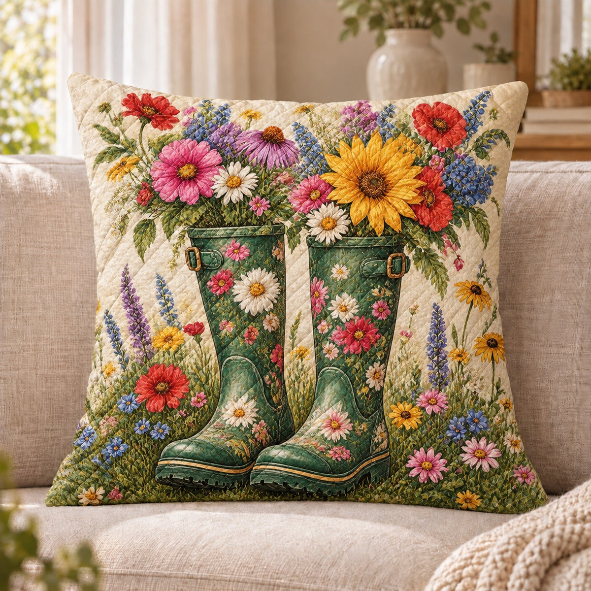 Garden Boots Quilted Throw Pillow, Wildflower Home Decor, Gift for Gardeners