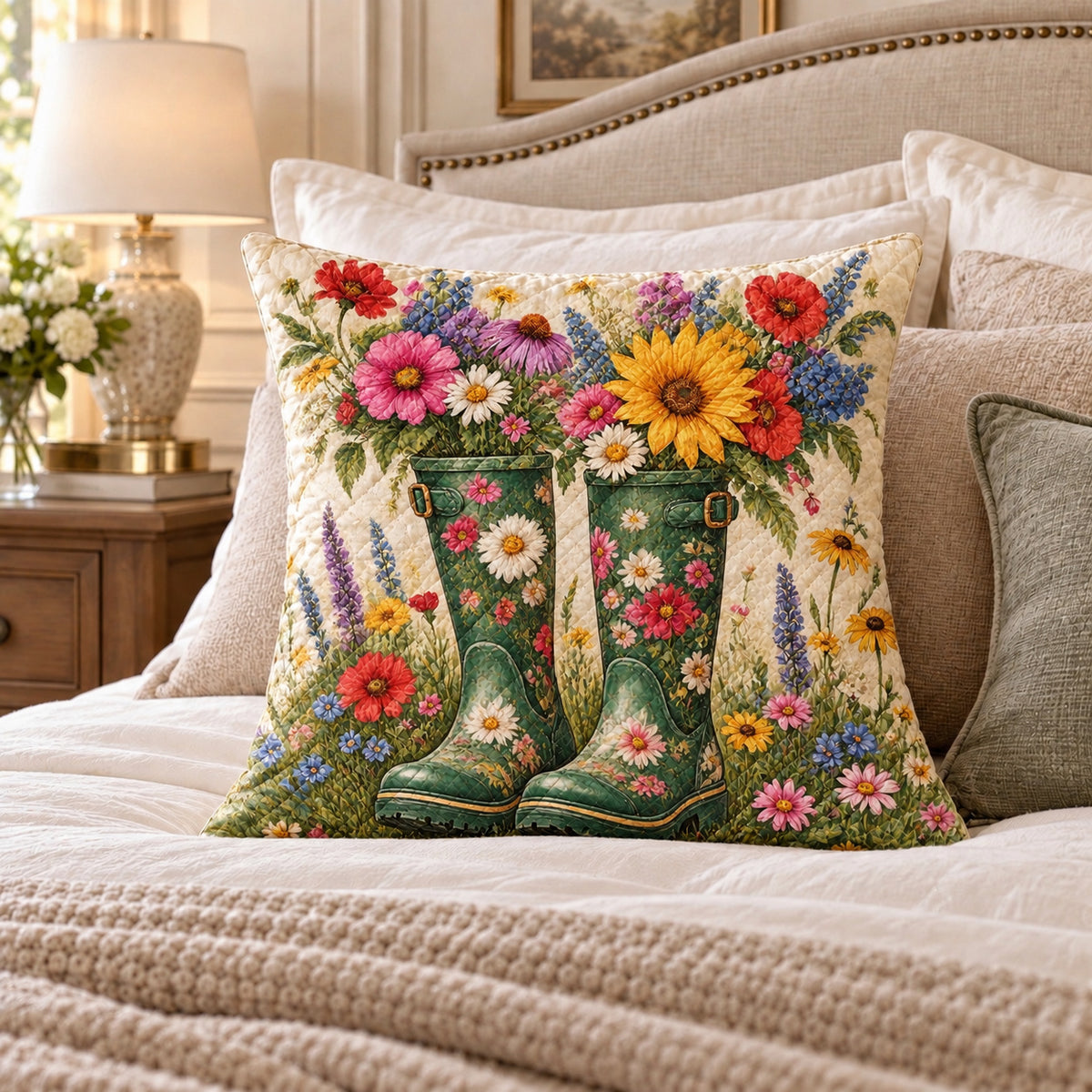 Garden Boots quilted throw pillow, AI-generated bedroom mockup